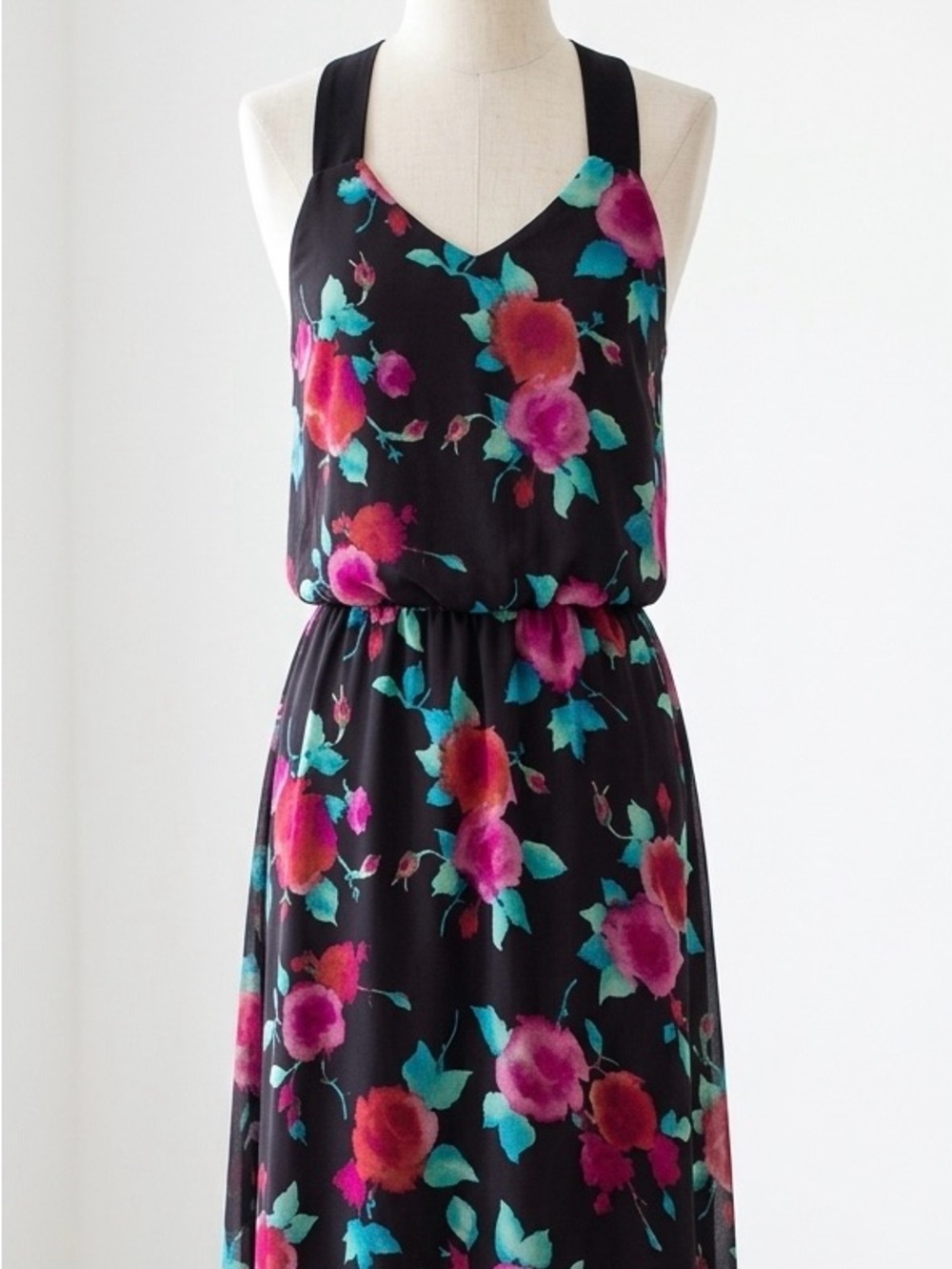 RW&CO.| Black Maxi Sleeveless Sheer Lined Dress w/Pink & Red Floral Print Sz XS